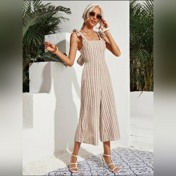 SHEIN Frenchy Ruffle Armhole Open Tieback Striped Jumpsuit - Picture 3 of 16